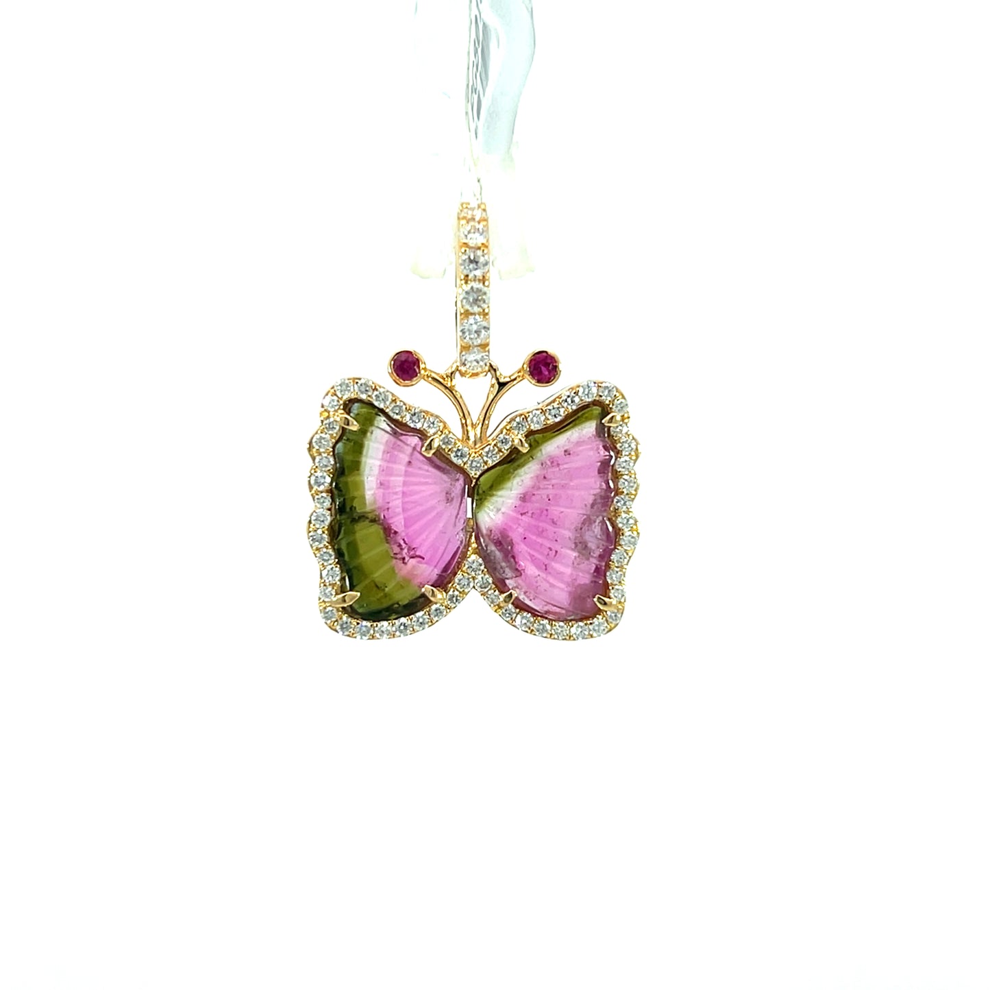 18K Yellow Gold 3.46CT Watermelon Tourmaline & Diamond Butterfly Pendant