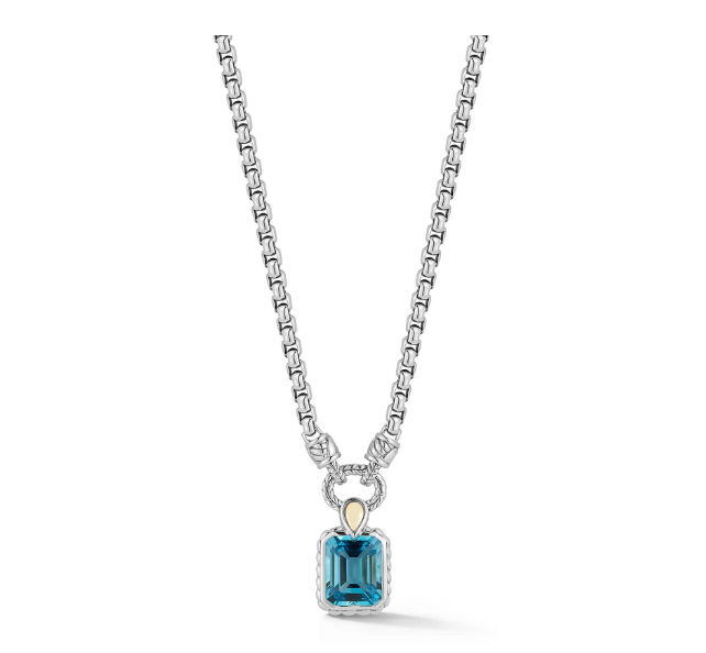JAI Sterling Silver & 14K Gold Swiss Blue Topaz Emerald-Cut Necklace