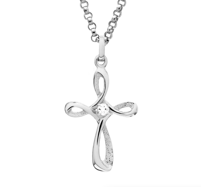 Sterling Silver CZ Ribbon Cross Necklace