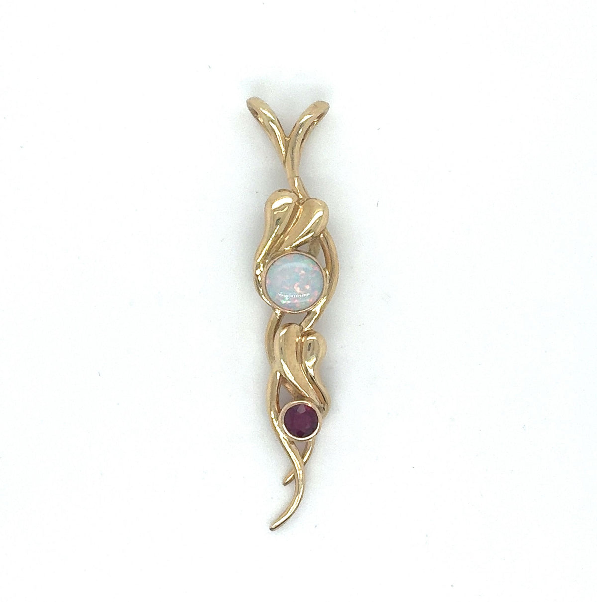 14K Yellow Gold Free Form Pendant with Opal and Ruby