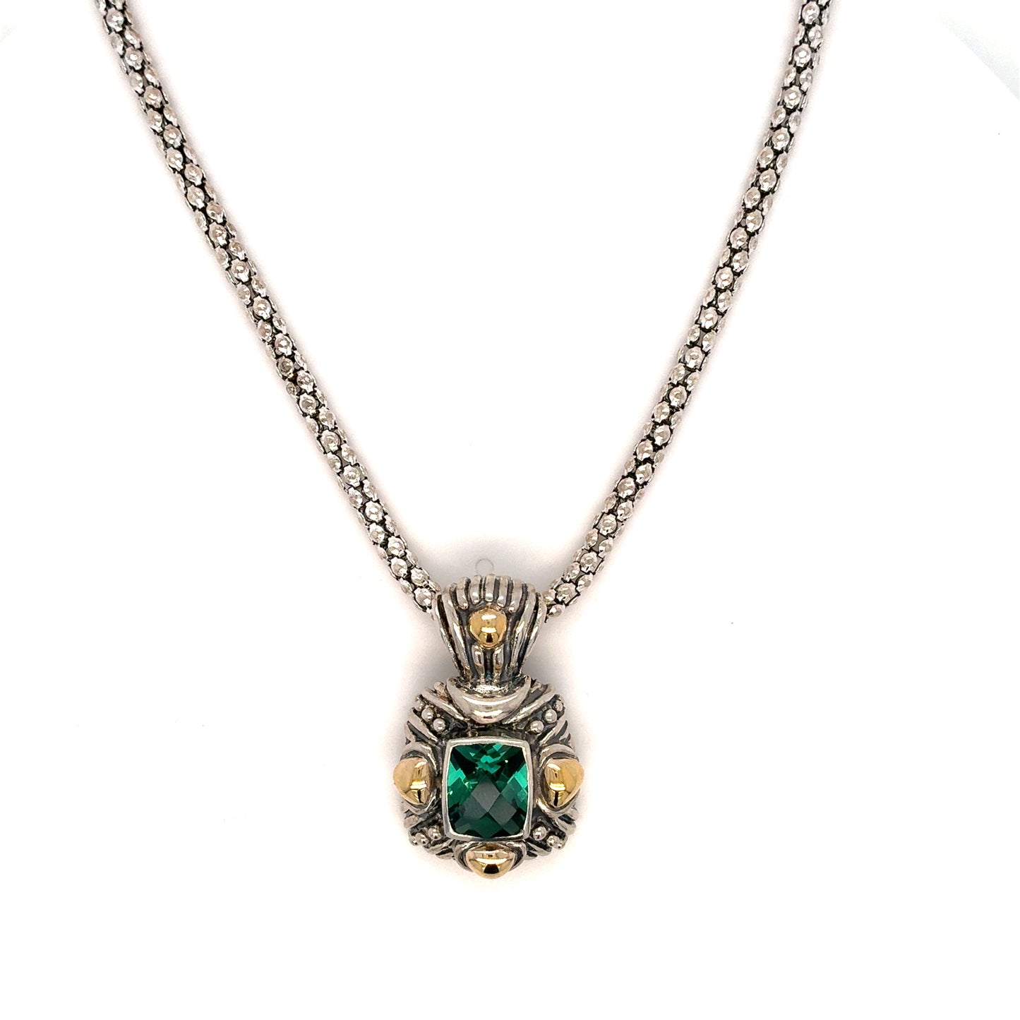 Sterling Silver Estate Necklace with Green Center on 18" Popcorn Chain