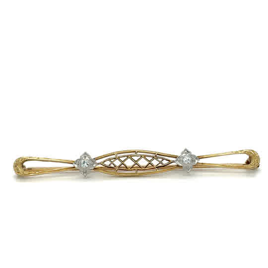 Estate 14K Two-Tone Filigree Pin with Bezel-Set Clear Stones