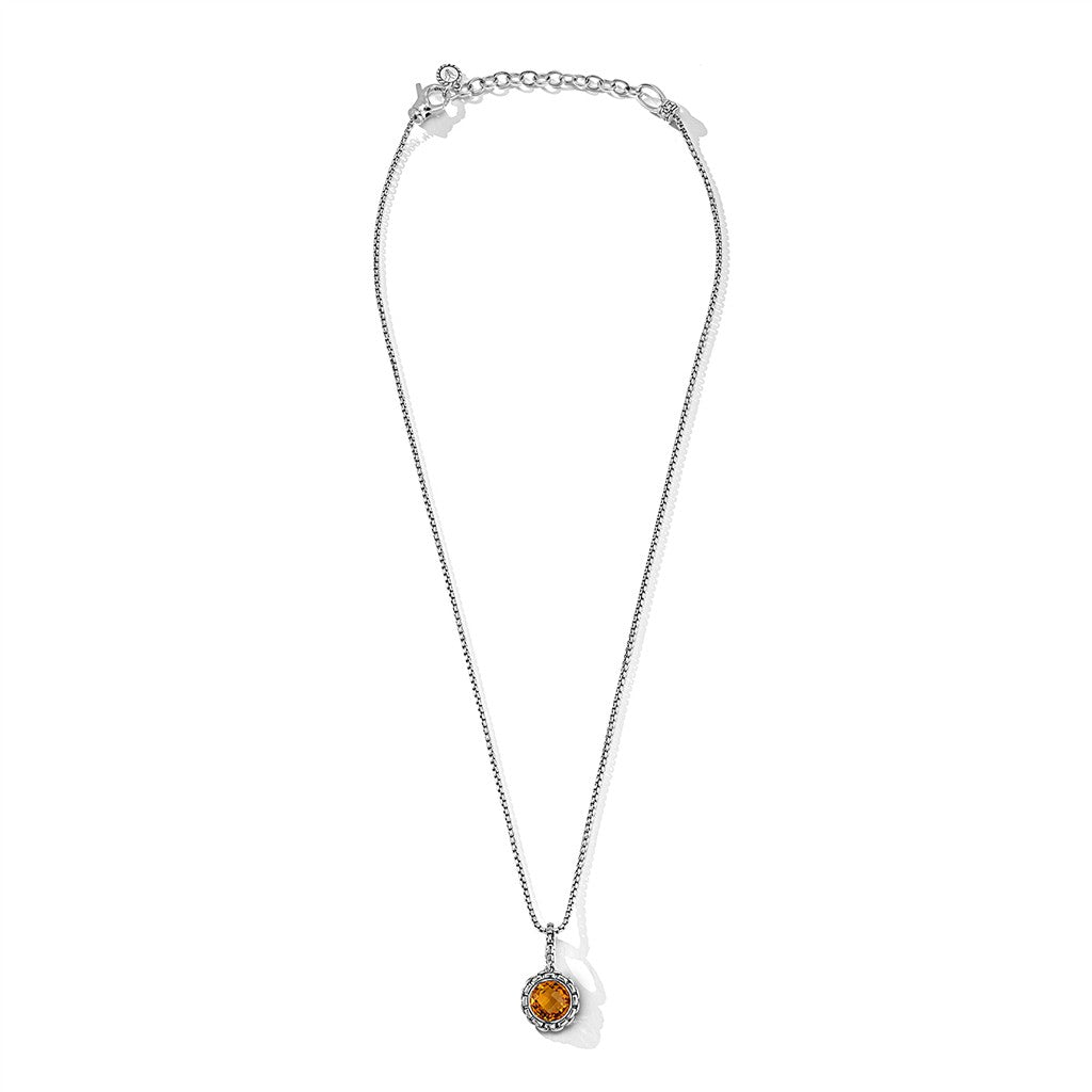 JAI Sterling Silver Box Chain Pattern Citrine Char | Silver Necklaces