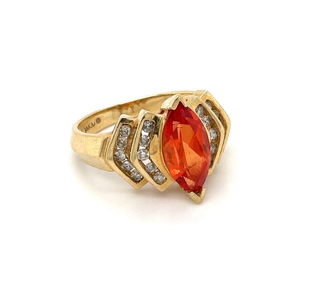 14K Yellow Gold Ring with Synthetic Orange Marquis Center & Diamond Accents – Size 7