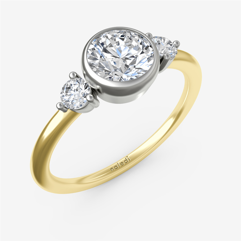 Three Stone Ring with Bezel Set Center and Plain Shank Semi-Mount