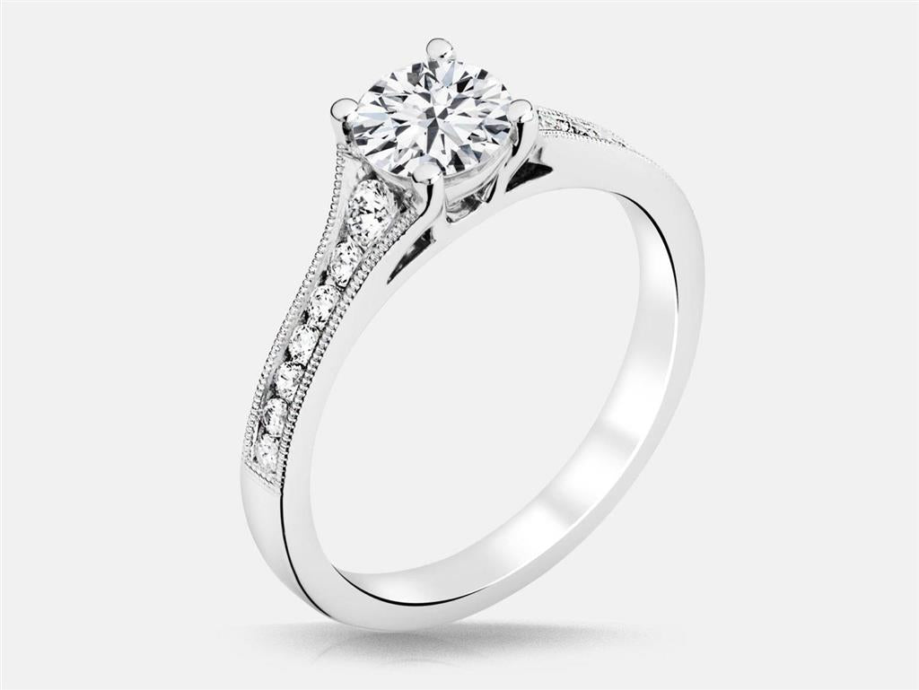 Milgrained Tapered Down Diamond Shank Cathedral Engagement Ring Semi-Mount