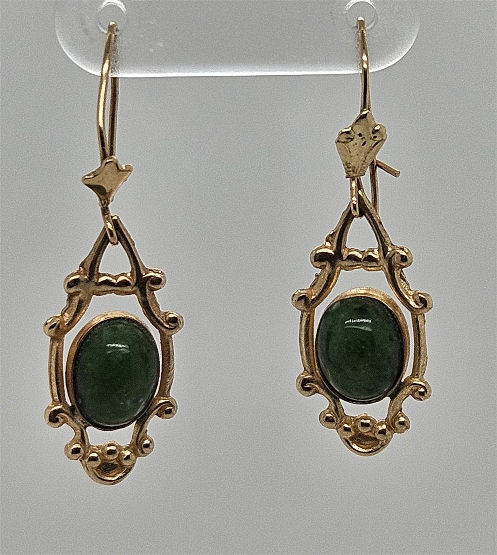 14K Yellow Gold Dangle Earrings with Green Stones
