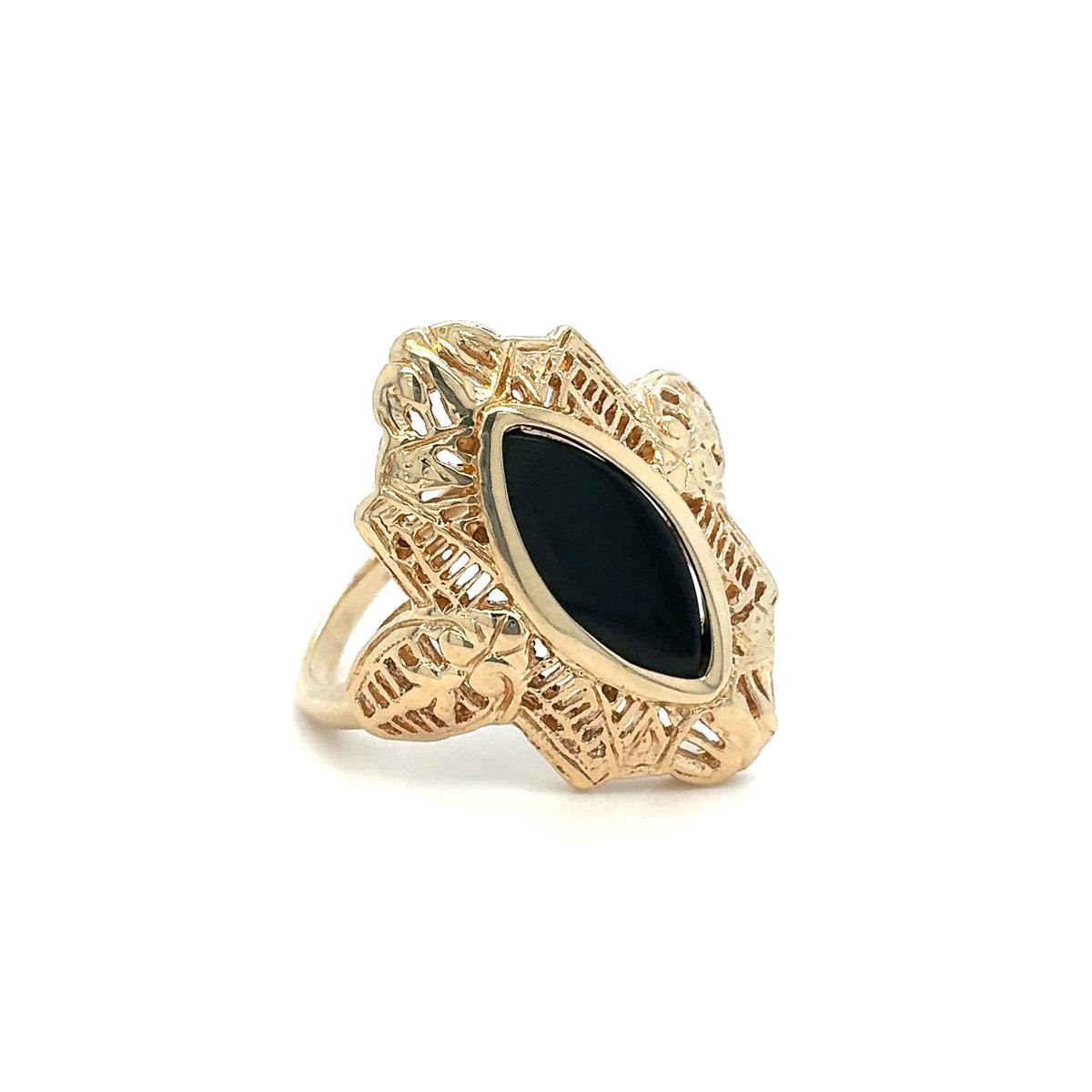 Estate 10K Yellow Gold Filigree Ring with Marquise Black Onyx