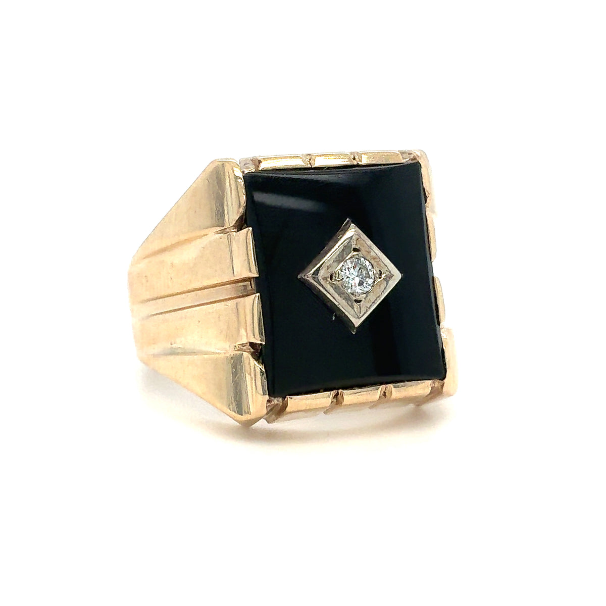 Estate 10K Two-Tone Black Onyx & Diamond Ring