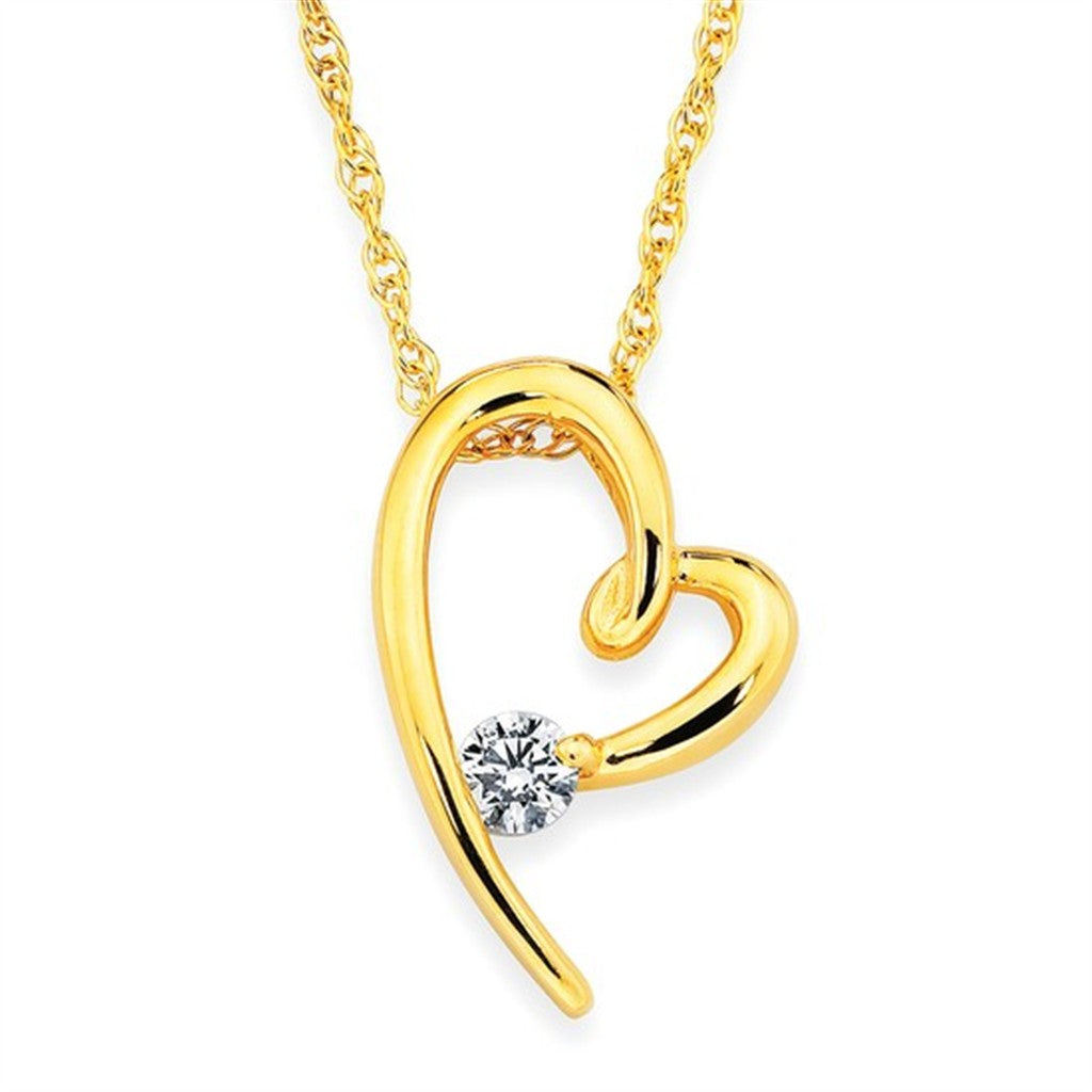 14K Yellow Gold .08CTW Diamond Heart Pendant with 18-Inch Baby Rope Chain