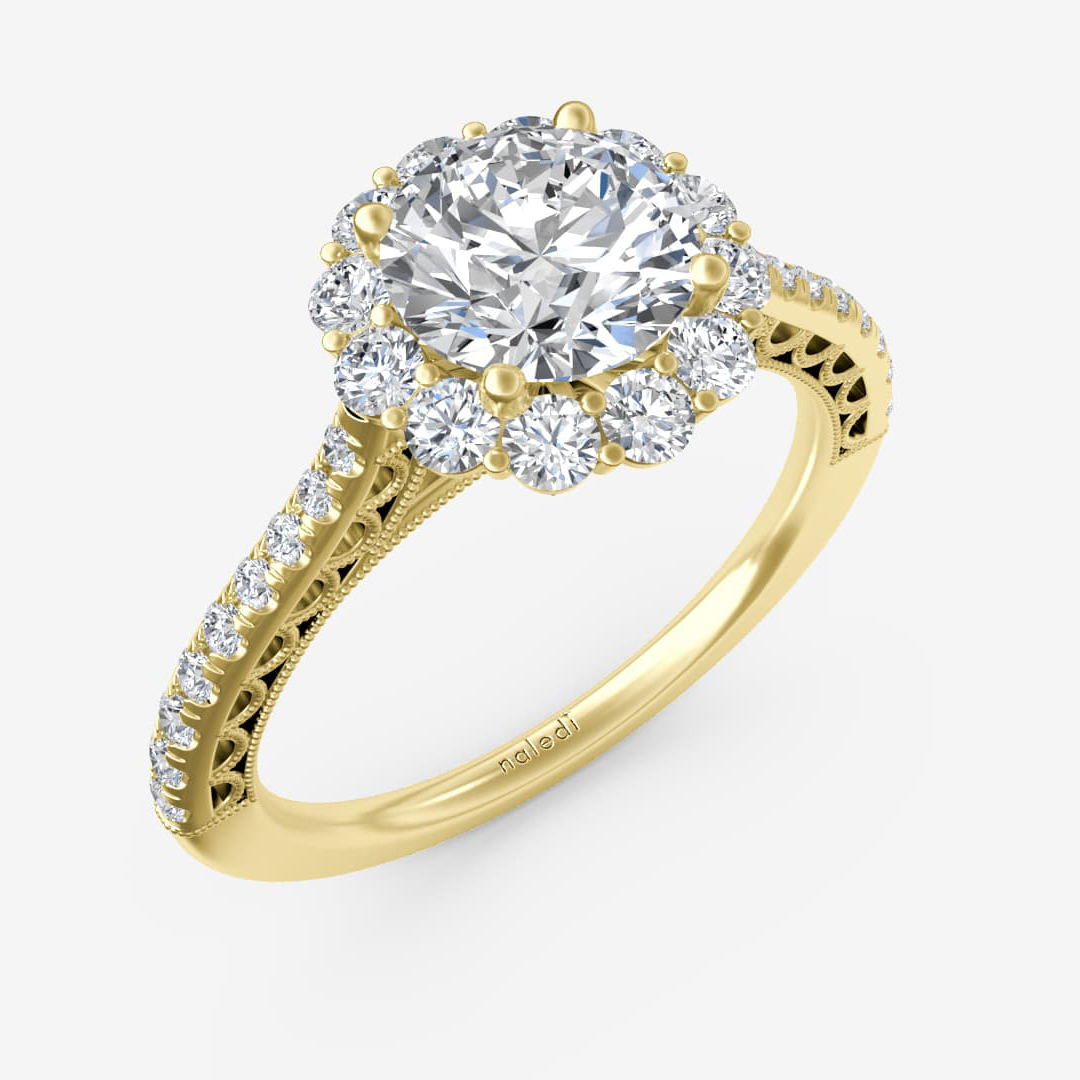 Round Scalloped Halo with Filigree and Diamond Shank Semi-Mount Engagement Ring