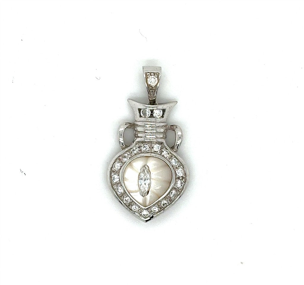 18K White Gold Teardrop Shape Estate Pendant with CZs