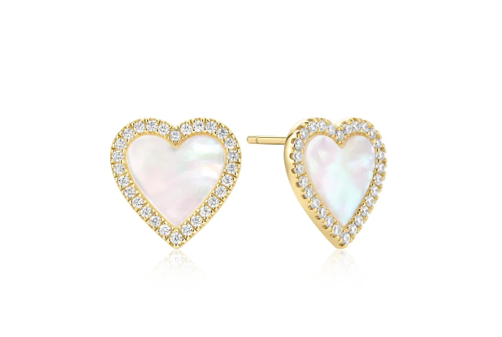 Gold Mother of Pearl Halo Heart Stud Earrings