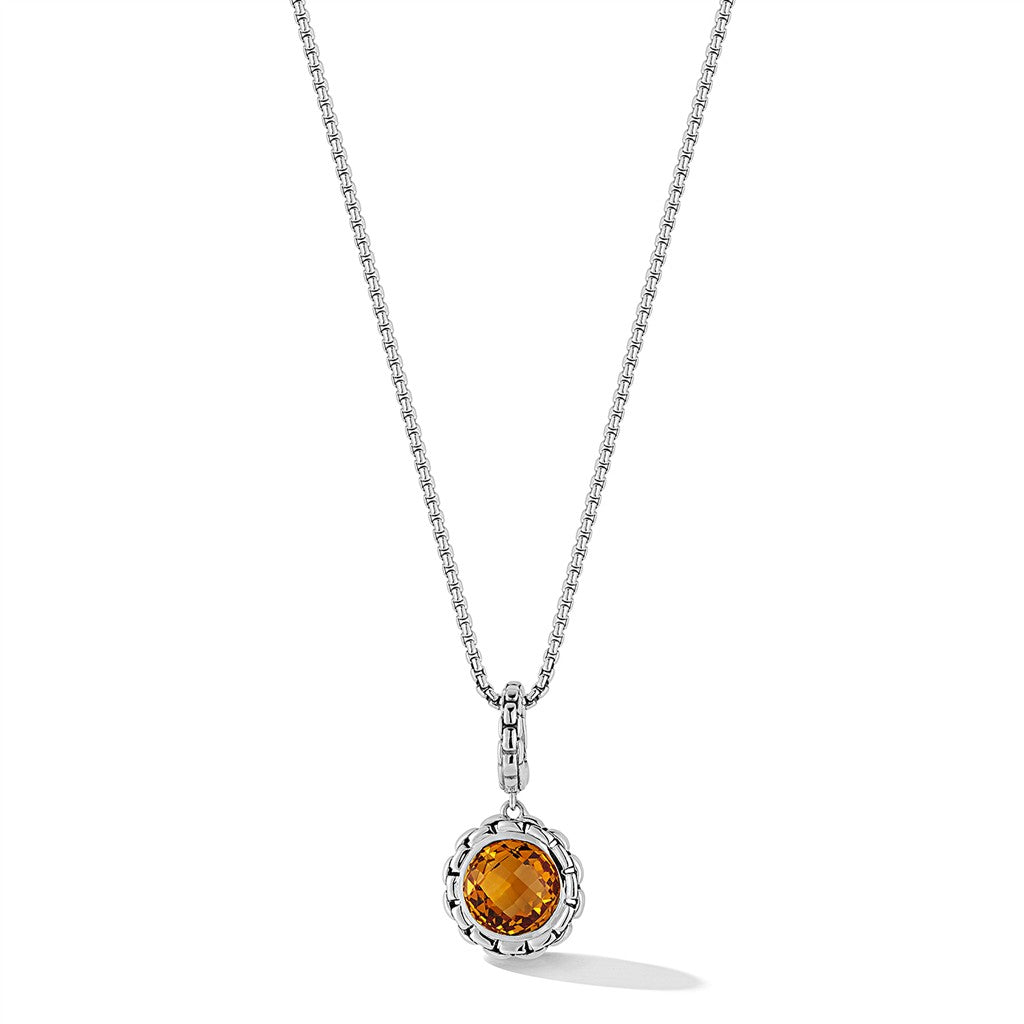 JAI Sterling Silver Box Chain Pattern Citrine Char | Silver Necklaces