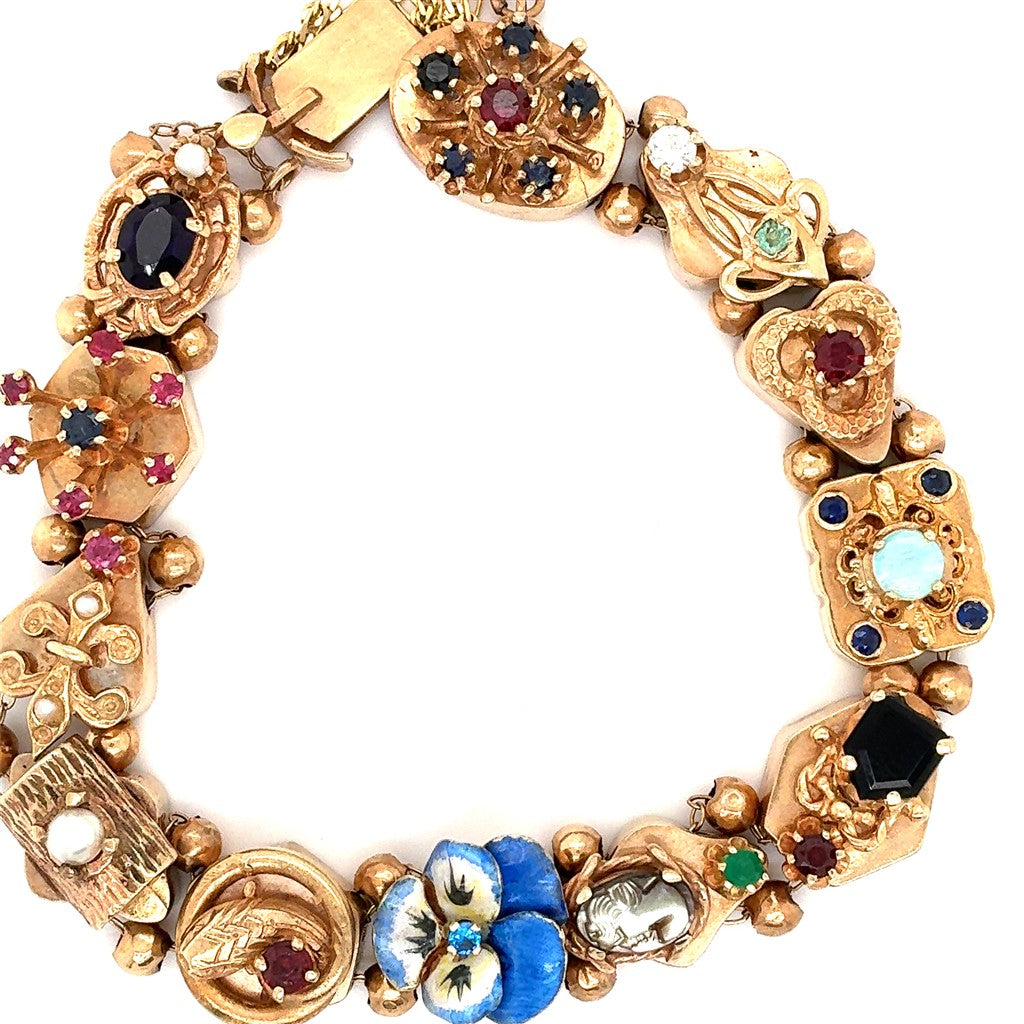 14K Yellow Gold Slide Bracelet with Multicolored Stones & Designs