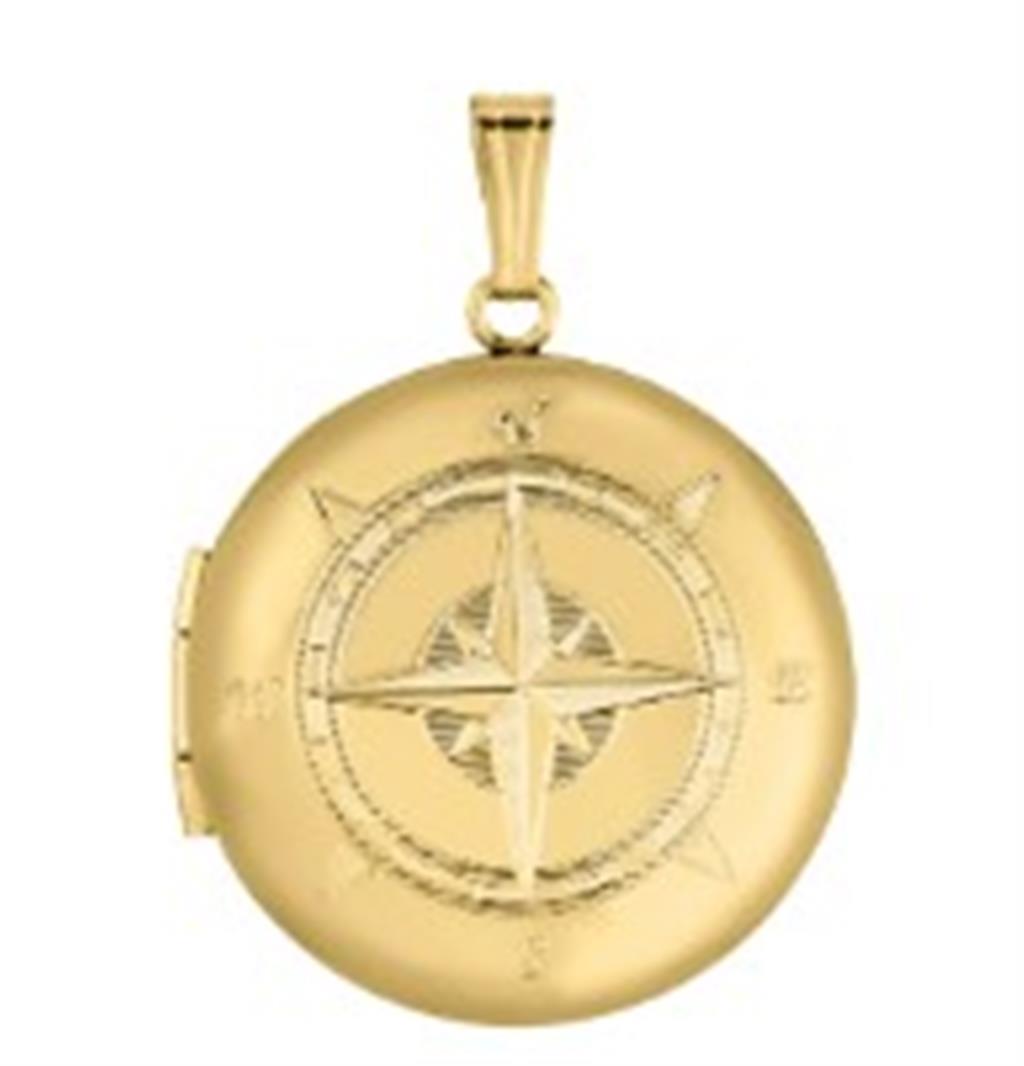 14K Yellow Gold-Filled Hand Engraved Round Locket with Compass Design