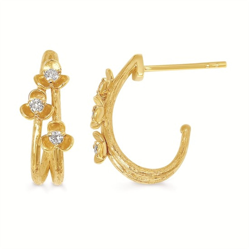 14K Yellow Gold Diamond Flower J-Hoop Earrings – .16CTW