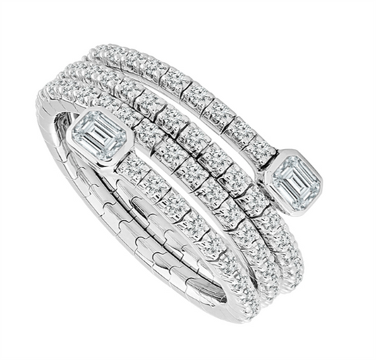 14K White Gold .63CTW Diamond Flexie Ring with 60 Round Brilliant Cut Diamonds and 2 Emerald Cut Diamonds