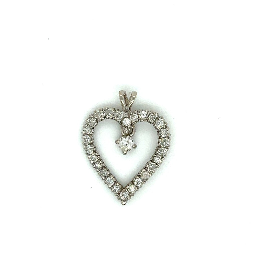 14K White Gold Diamond Heart Pendant with Dangling Center – No Chain