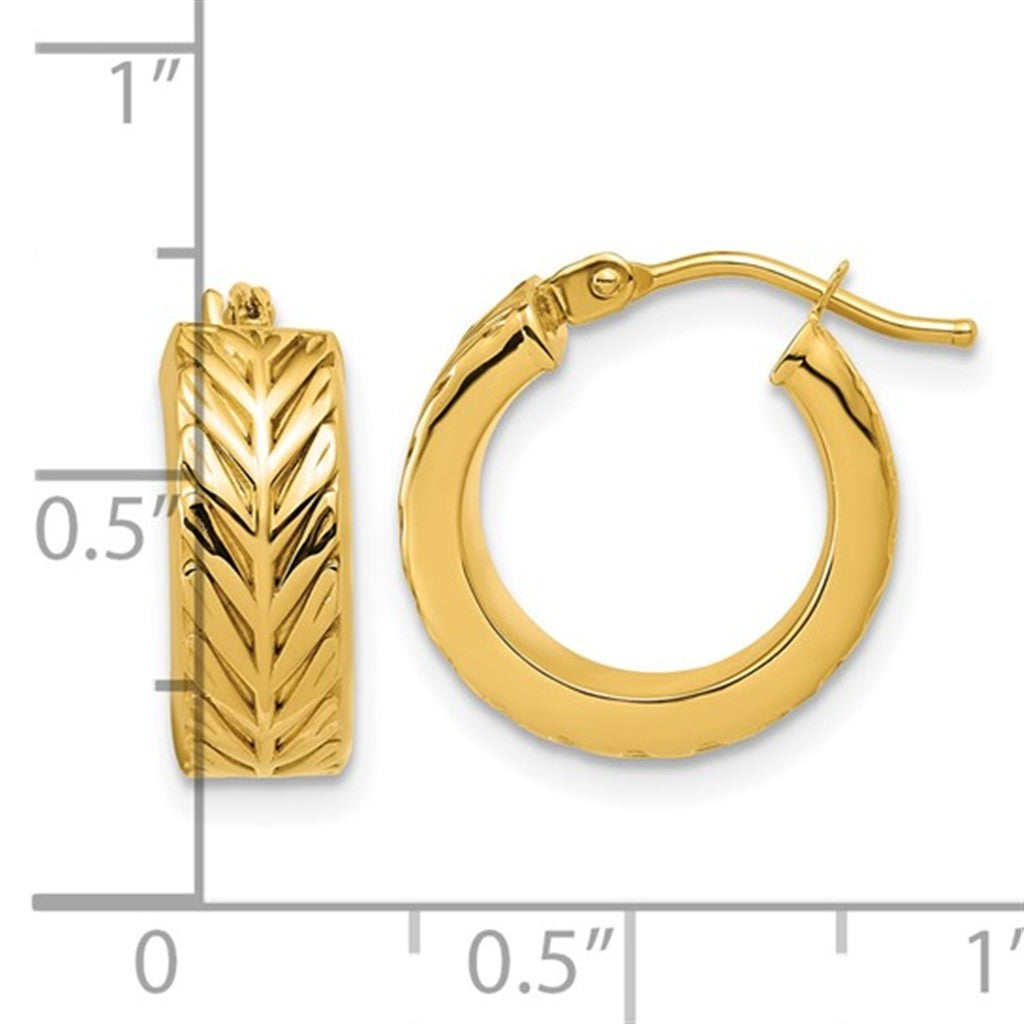 14K Yellow Gold Round Hoop Earrings – Polished & Grooved Design