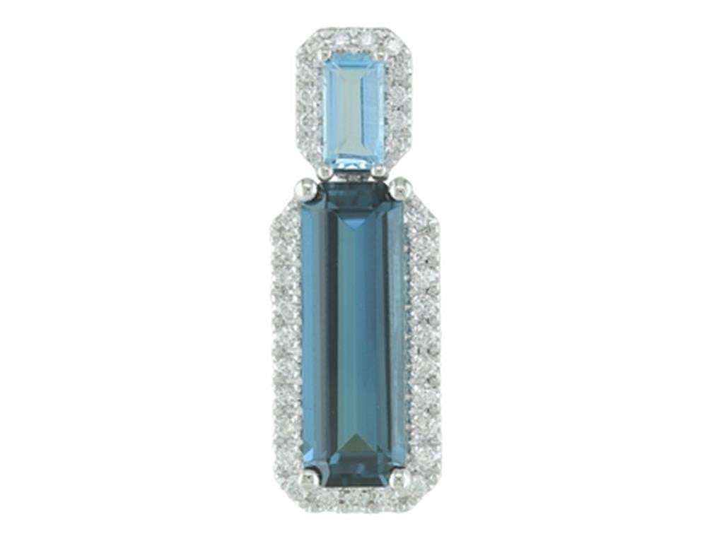 14K White Gold Elongated Elegance with North South Set London Blue Topaz, Blue Topaz and Diamond Halo Pendant