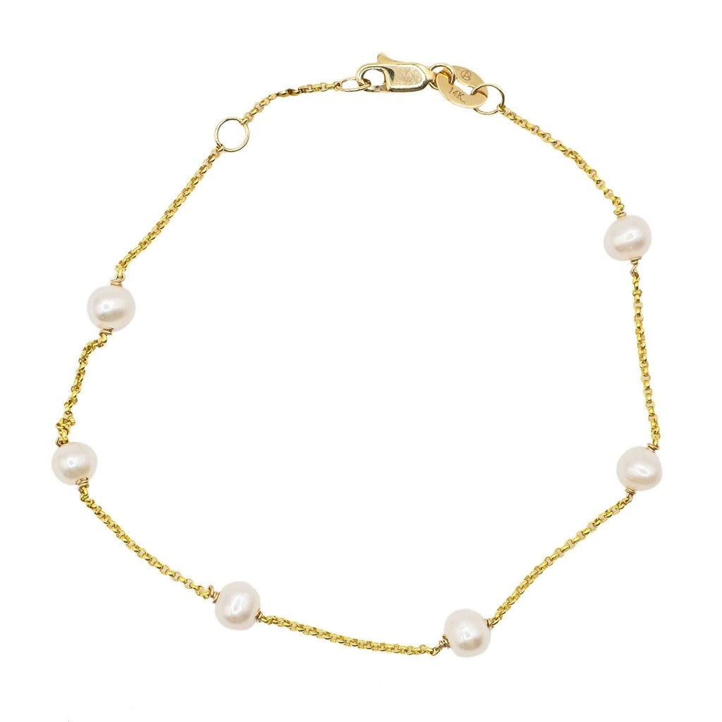 14K Yellow Gold 4MM Freshwater Pearl Tin Cup Bracelet