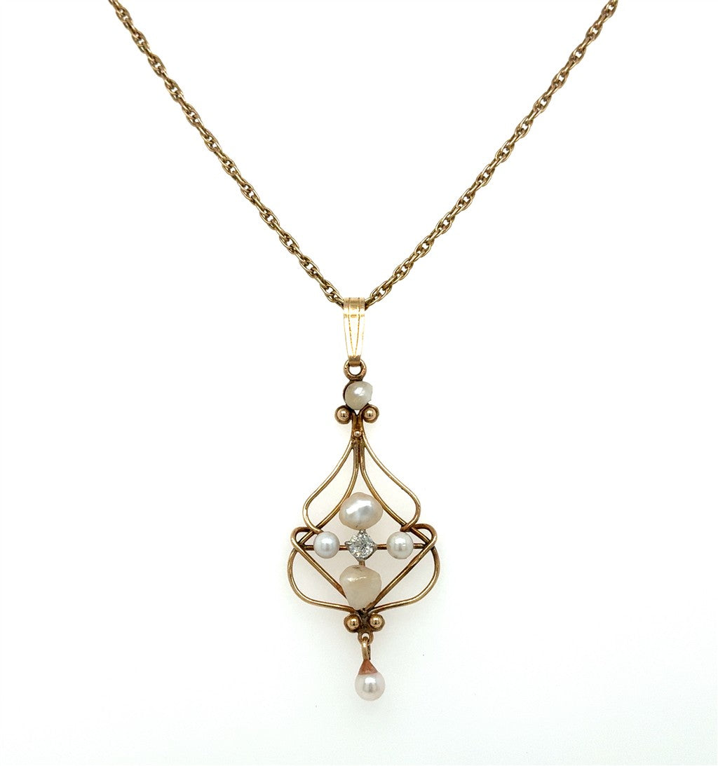 14K Yellow Gold Freeform Pendant with Diamond & Pearl Accents