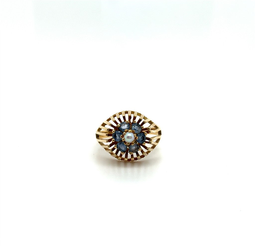 18K Yellow Gold Estate Floral Ring with Blue Stones & Pearl – Size 7