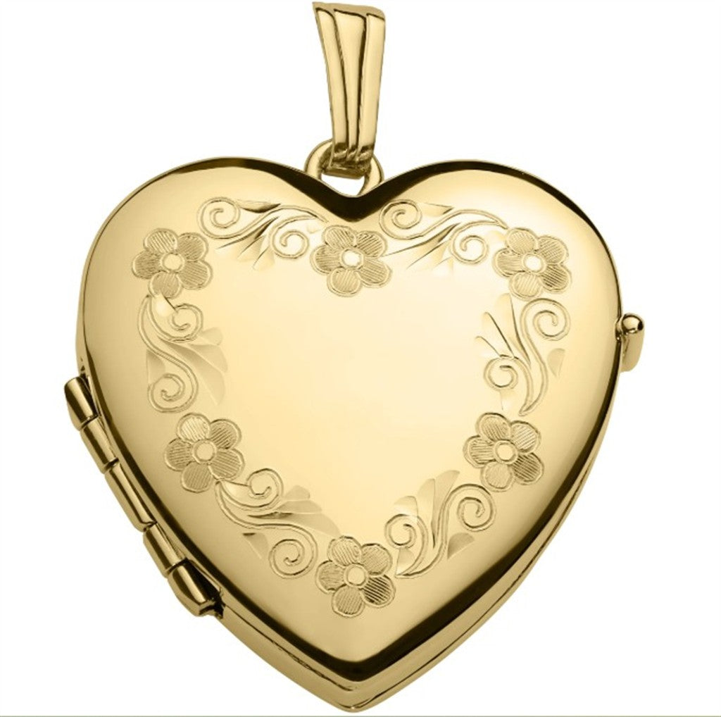 14K Yellow Gold-Filled Engraved Heart Locket – Holds 4 Photos, 18" Rope Chain