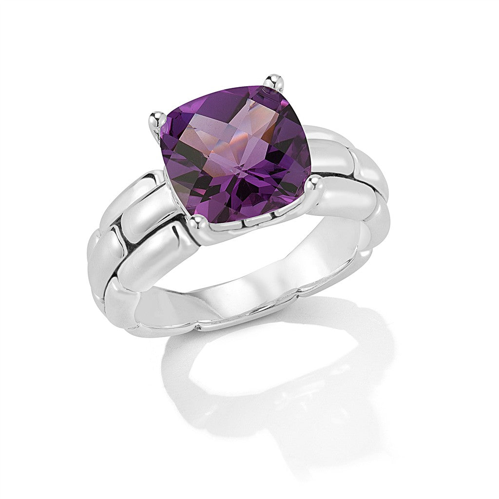 JAI Sterling Silver 10mm Cushion Amethyst Gemstone | Silver Rings