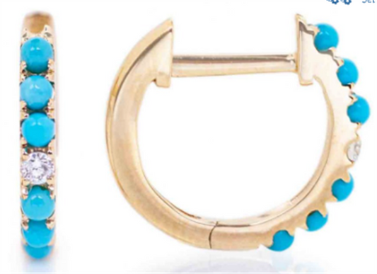 14K Yellow Gold Huggies with .23CT Turquoise and .03CT Diamond