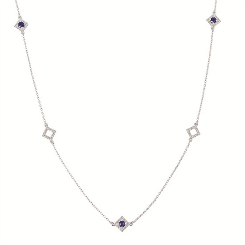 14K White Gold Sapphire & Diamond Station Necklace – .50CTW