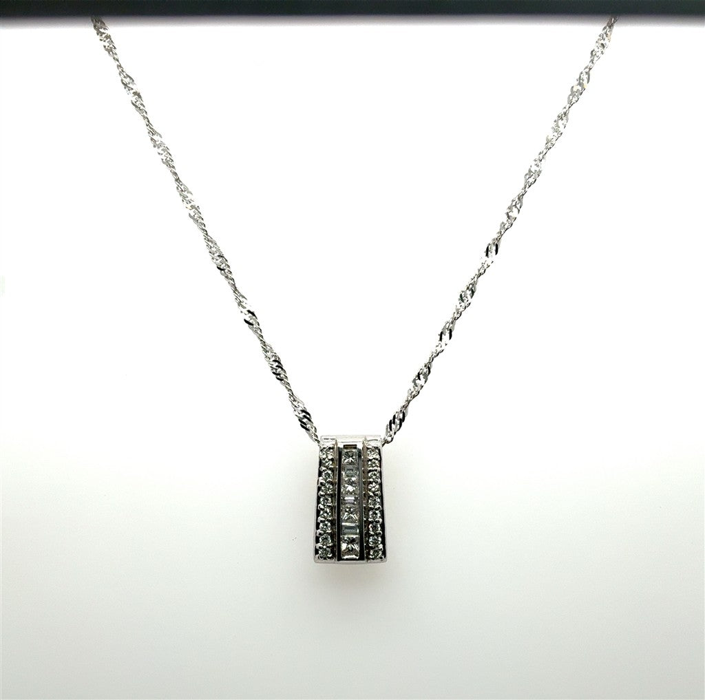 14K White Gold Estate Pendant with Baguette & Round Diamonds