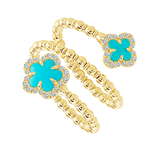 14K Yellow Gold .20CTW Flexie Ring with 36 Round Brilliant Cut Diamonds Around Two Flower Shaped Turquoise Ends
