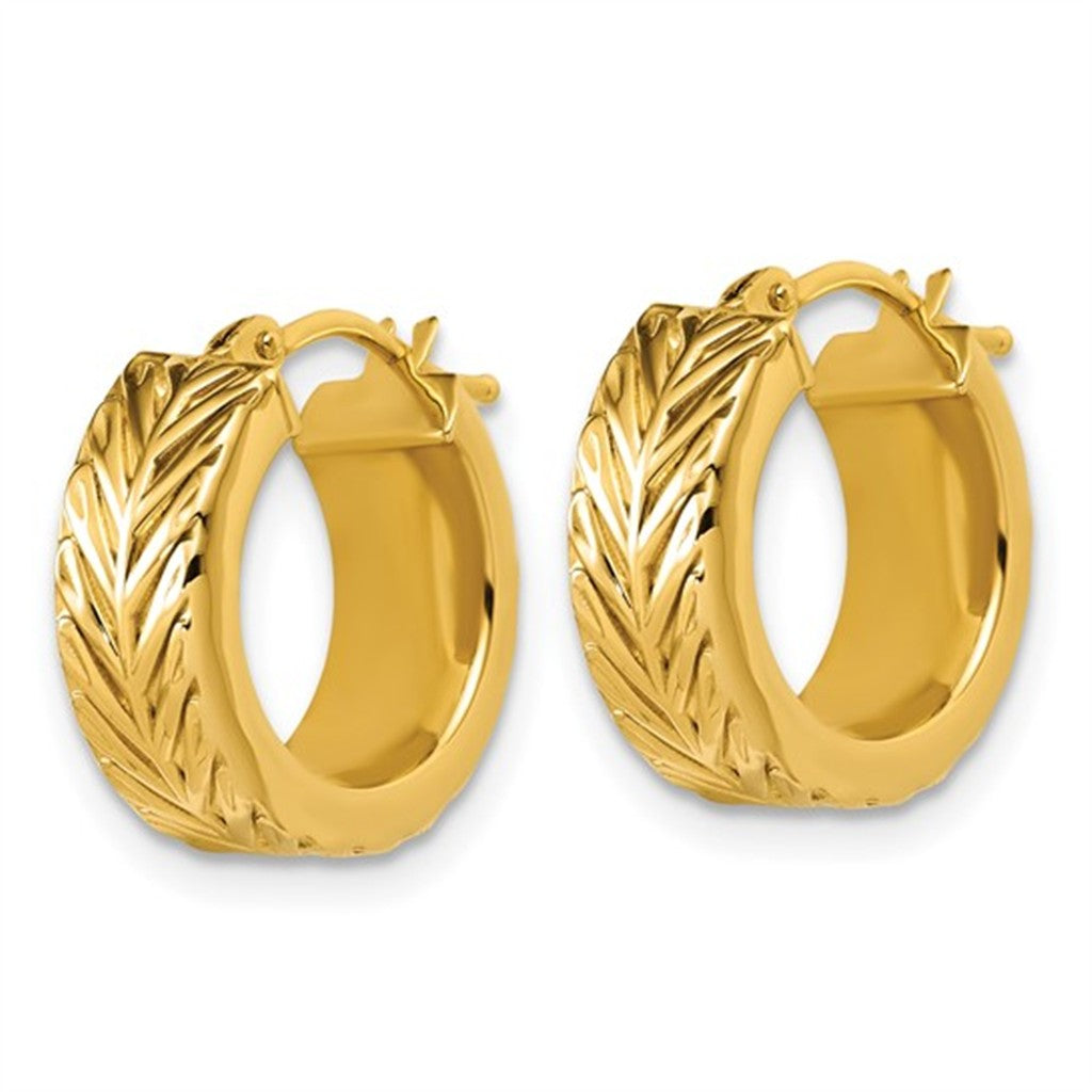 14K Yellow Gold Round Hoop Earrings – Polished & Grooved Design