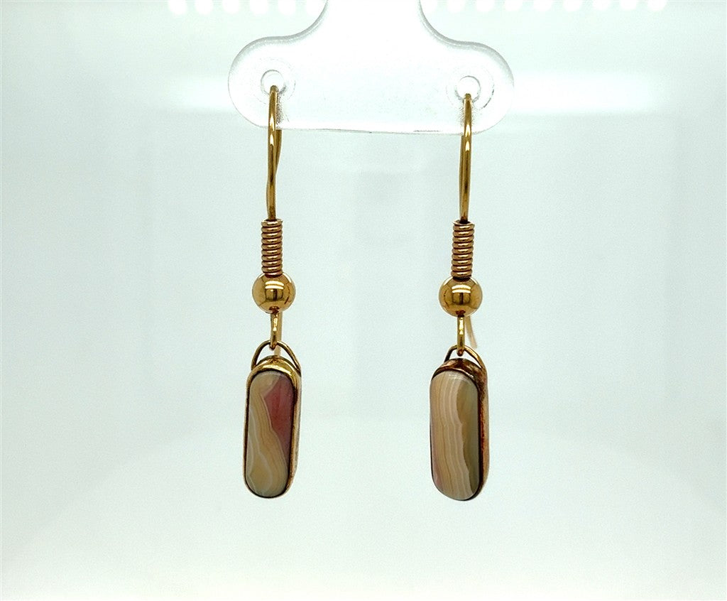 14K Yellow Gold Estate Dangle Earrings with Inlaid Pink Stones