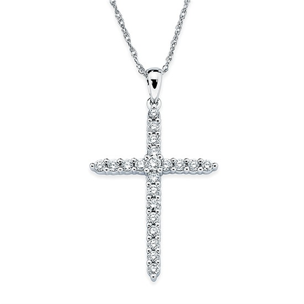 1/10 Ctw Prong Set Diamond Cross Pendant in 14K Gold with 18" Chain