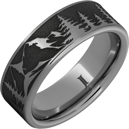 8mm Tungsten Carbide Flat Men’s Wedding Band – Mountain Pine Design, Size 10.5
