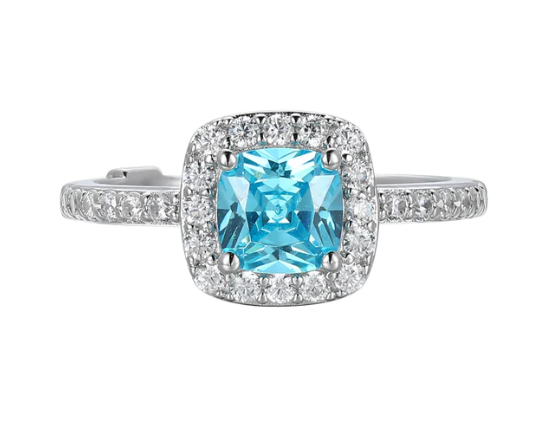 ELLE “Radiance” Cushion-Cut Blue & Clear CZ Halo Ring in Rhodium-Plated Sterling Silver
