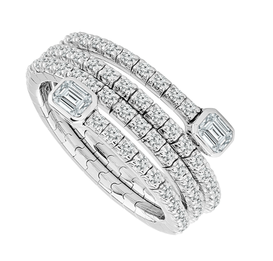 14K White Gold .63CTW Diamond Flexie Ring with 60 Round Brilliant Cut Diamonds and 2 Emerald Cut Diamonds