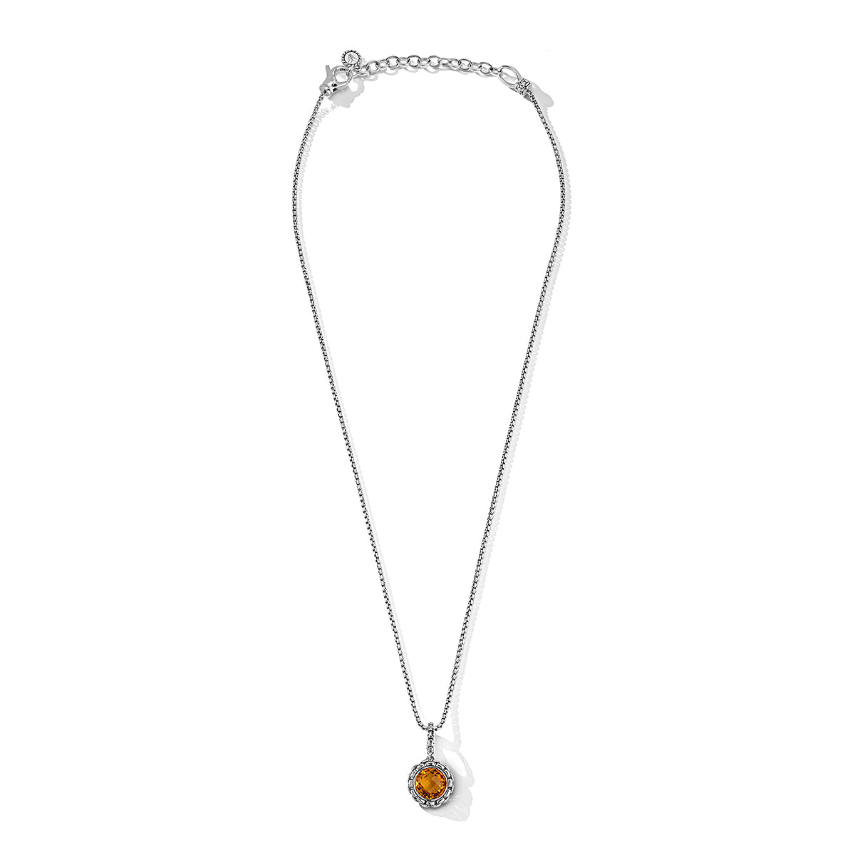 JAI Sterling Silver Box Chain Pattern Citrine Char | Silver Necklaces