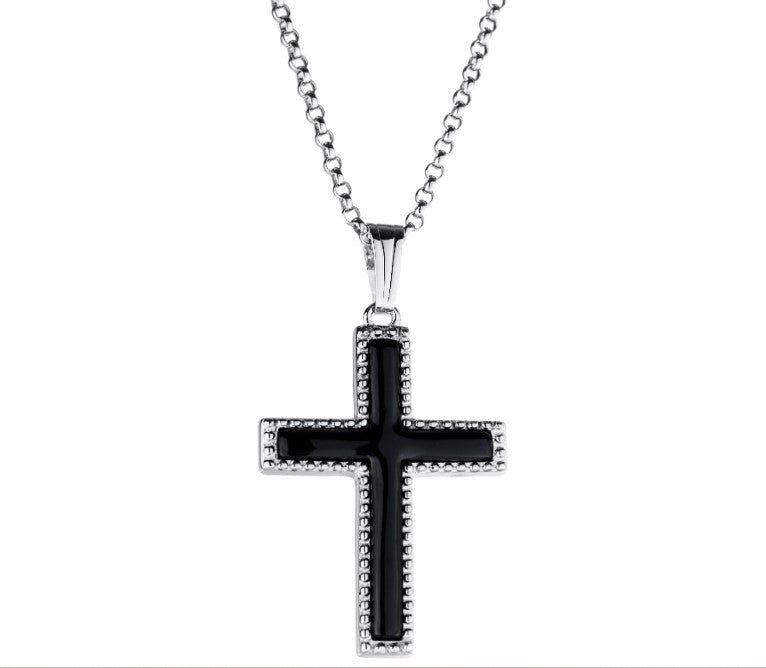 Sterling Silver Onyx Cross with Beaded Edge & 18" Rolo Chain