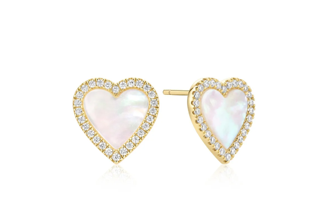Gold Mother of Pearl Halo Heart Stud Earrings