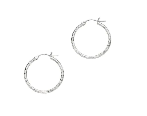 14K White Gold 25 x 2MM Diamond-Cut Hoop Earrings
