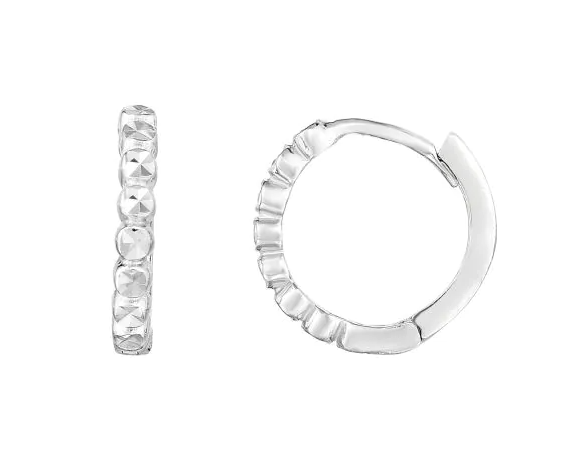 14K White Gold Faceted Diamond-Cut Round Huggie Earrings with Snap Clasp