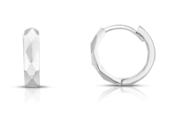 14K White Gold 13MM Faceted Huggie Earrings