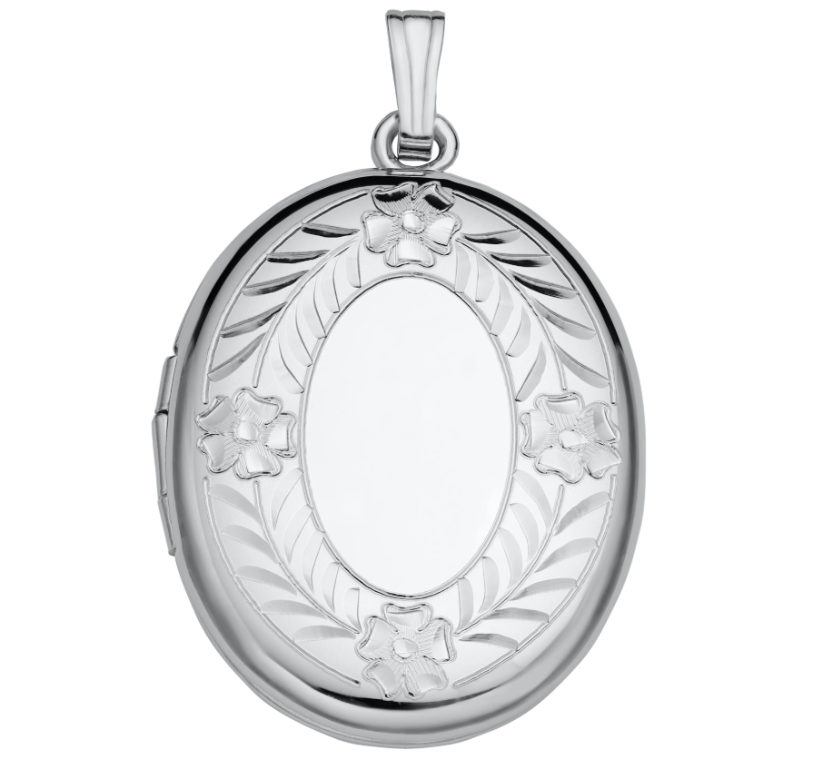 Sterling Silver Oval Floral Engraved Locket with 20" Rolo Chain