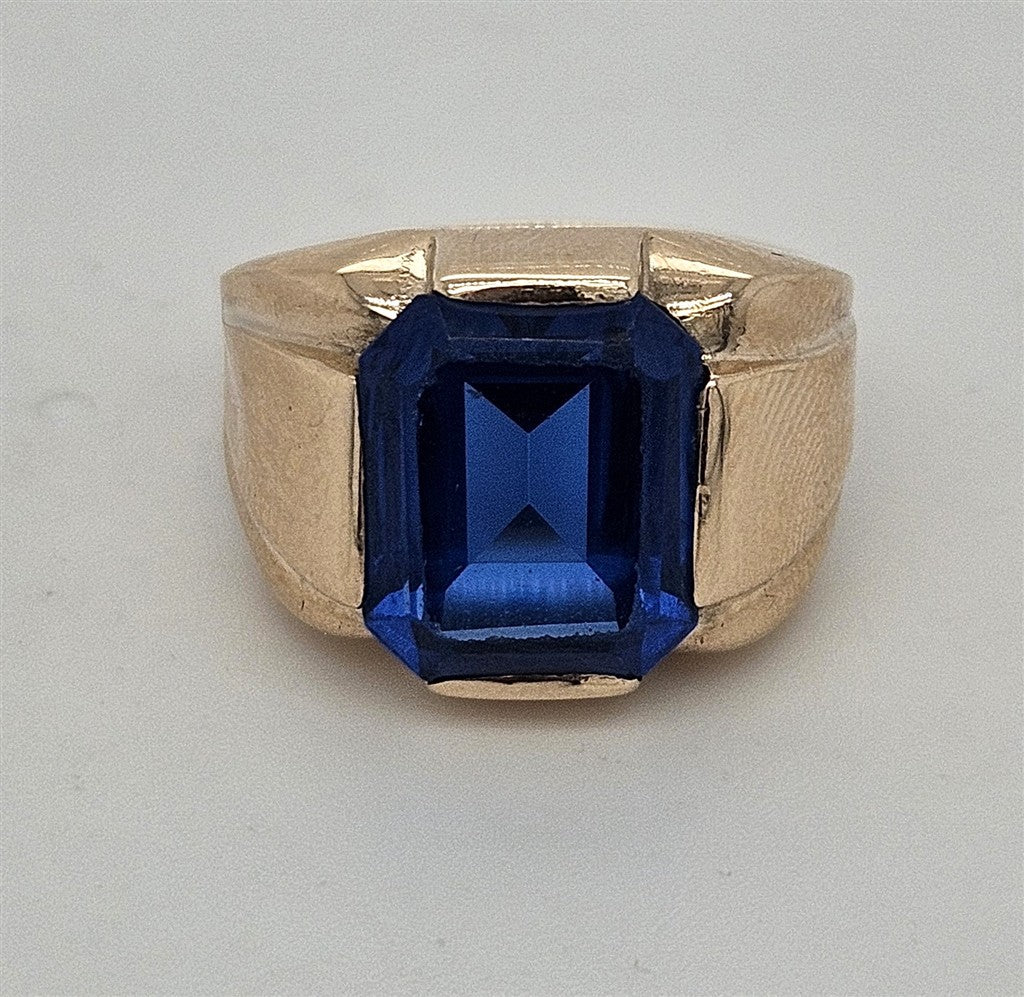 10K Yellow Gold Ring with Emerald-Cut Blue Stone