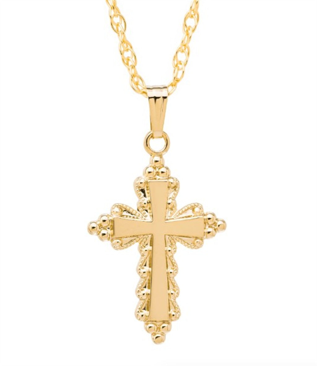14K Yellow Gold-Filled Cross Necklace with Fancy Edges & Beaded Detail – 18" Chain