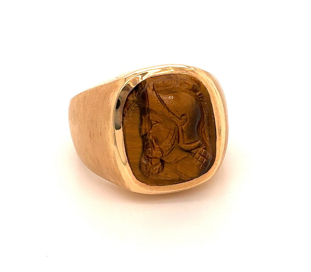 14K Yellow Gold Ring with Carved Stone Face – Size 8